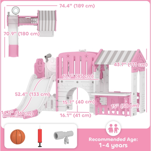 Qaba 7-in-1 Toddler Slide with Playhouse, Kids Slide Climber Playset with Basketball Hoop and Tunnel for Age 1-4 Years Indoor Play, Pink