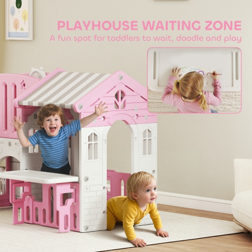 Qaba 7-in-1 Toddler Slide with Playhouse, Kids Slide Climber Playset with Basketball Hoop and Tunnel for Age 1-4 Years Indoor Play, Pink