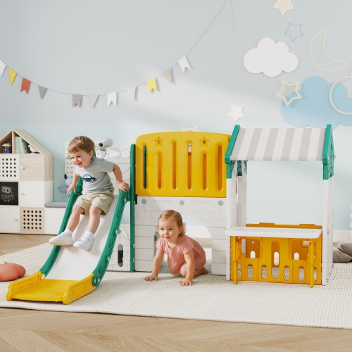 Qaba 7-in-1 Toddler Slide with Playhouse, Kids Slide Climber Playset with Basketball Hoop and Tunnel for Age 1-4 Years Indoor Play, Yellow