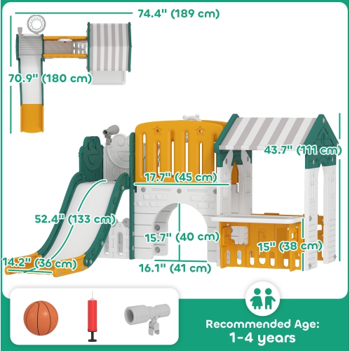 Qaba 7-in-1 Toddler Slide with Playhouse, Kids Slide Climber Playset with Basketball Hoop and Tunnel for Age 1-4 Years Indoor Play, Yellow