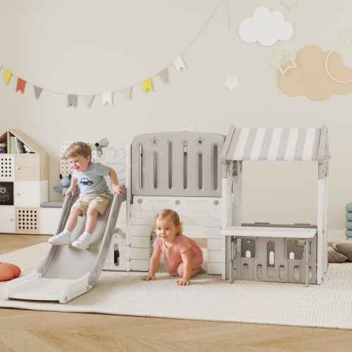 Qaba 7-in-1 Toddler Slide with Playhouse, Kids Slide Climber Playset with Basketball Hoop and Tunnel for Age 1-4 Years Indoor Play, Grey