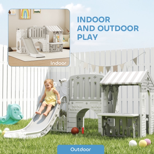 Qaba 7-in-1 Toddler Slide with Playhouse, Kids Slide Climber Playset with Basketball Hoop and Tunnel for Age 1-4 Years Indoor Play, Grey