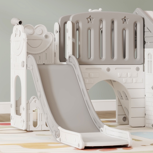 Qaba 7-in-1 Toddler Slide with Playhouse, Kids Slide Climber Playset with Basketball Hoop and Tunnel for Age 1-4 Years Indoor Play, Grey