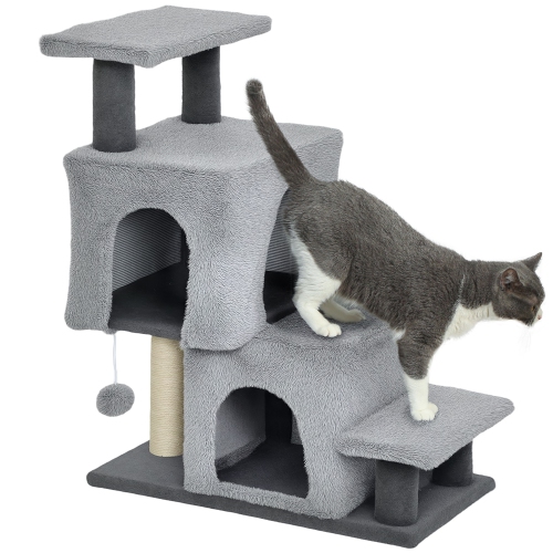PawHut Adjustable Height Cat Stairs, 4-Step Pet Steps with Scratching Posts, Cat Condo, Hanging Ball, Dog Stairs for Sofa and High Bed, for Kittens
