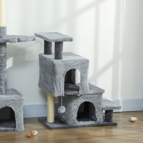 PawHut Adjustable Height Cat Stairs, 4-Step Pet Steps with Scratching Posts, Cat Condo, Hanging Ball, Dog Stairs for Sofa and High Bed, for Kittens