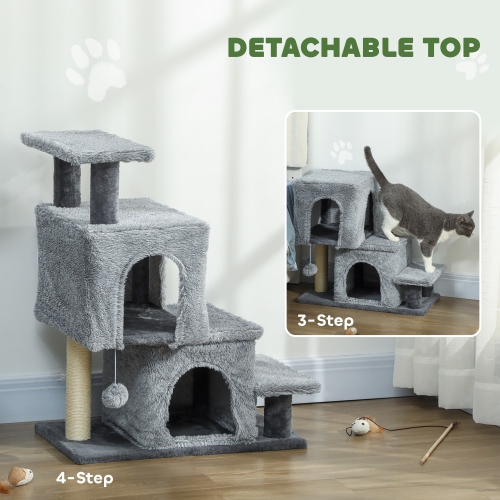 PawHut Adjustable Height Cat Stairs, 4-Step Pet Steps with Scratching Posts, Cat Condo, Hanging Ball, Dog Stairs for Sofa and High Bed, for Kittens