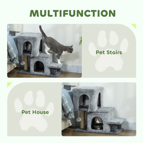 PawHut Adjustable Height Cat Stairs, 4-Step Pet Steps with Scratching Posts, Cat Condo, Hanging Ball, Dog Stairs for Sofa and High Bed, for Kittens