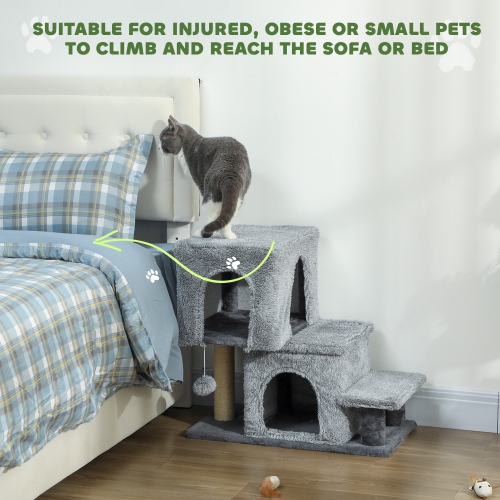 PawHut Adjustable Height Cat Stairs, 4-Step Pet Steps with Scratching Posts, Cat Condo, Hanging Ball, Dog Stairs for Sofa and High Bed, for Kittens