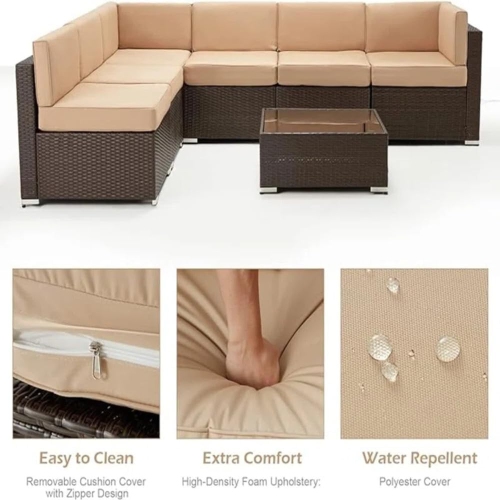 Ensemble de 7 meubles de patio AECOJOY, table à foyer supplémentaire de 43 po, canapé en osier de rotin en polyéthylène, rotin brun et coussin