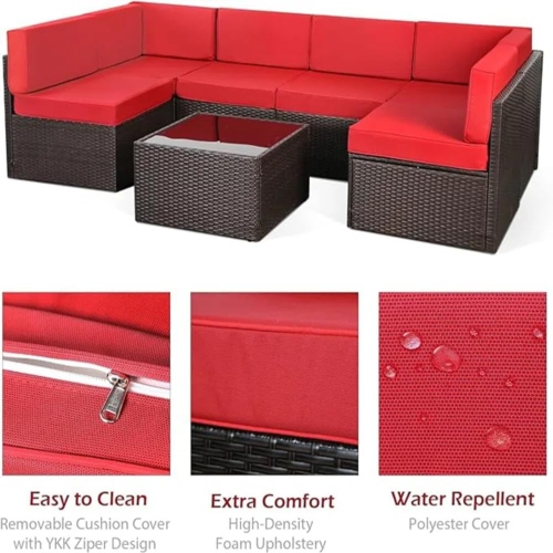 Ensemble de 7 meubles de patio AECOJOY, table à foyer supplémentaire de 43 po, canapé en osier de rotin en polyéthylène, rotin brun et coussin