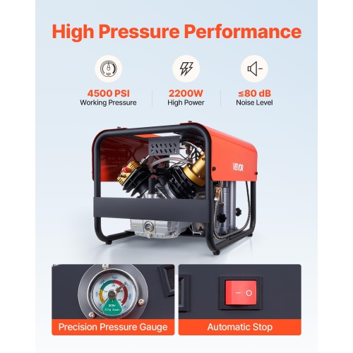 VEVOR 4500PSI/30Mpa PCP Air Compressor,Diving Scuba Tank Air Compressor, Double-Cylinder Auto Stop PCP Diving Compressor with External Water & Fan