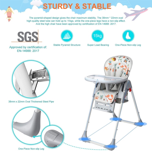 Baby High Chair, Foldable Dining Chair with Storage Basket, Adjustable Seat Height, Food Tray and Footrest, 3 Reclining Backrest