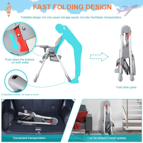 Baby High Chair, Foldable Dining Chair with Storage Basket, Adjustable Seat Height, Food Tray and Footrest, 3 Reclining Backrest