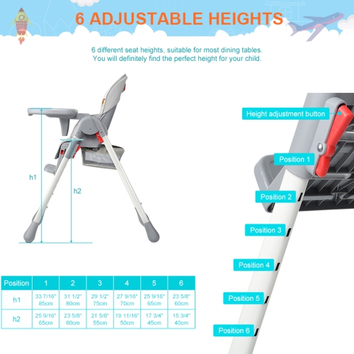 Baby High Chair, Foldable Dining Chair with Storage Basket, Adjustable Seat Height, Food Tray and Footrest, 3 Reclining Backrest