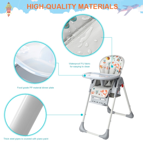 Baby High Chair, Foldable Dining Chair with Storage Basket, Adjustable Seat Height, Food Tray and Footrest, 3 Reclining Backrest