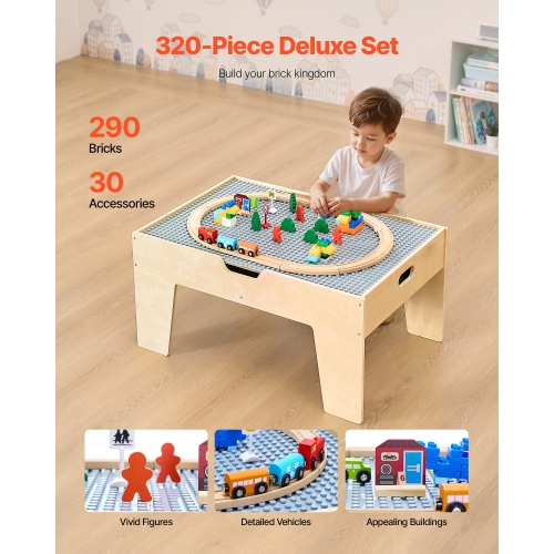 VEVOR Kids Ages 3+ Multi-Purpose Activity Play Table, 290 Building Bricks and 30-Piece Wooden Train Set Railway, Vehicles, Tracks and Accessories,