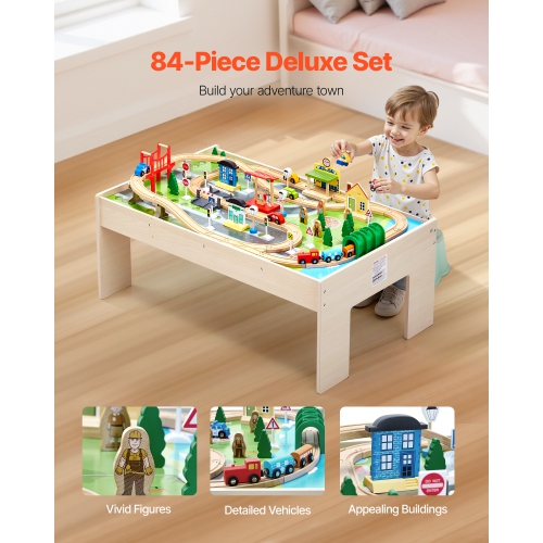 VEVOR 3-in-1 Kids Ages 3+Train Table, 84 Multicolor Pieces Wooden Kids Activity Table with Collapsible Storage Bin,Wooden Train Set for Gaming,