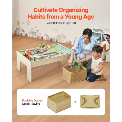 VEVOR 3-in-1 Kids Ages 3+Train Table, 84 Multicolor Pieces Wooden Kids Activity Table with Collapsible Storage Bin,Wooden Train Set for Gaming,