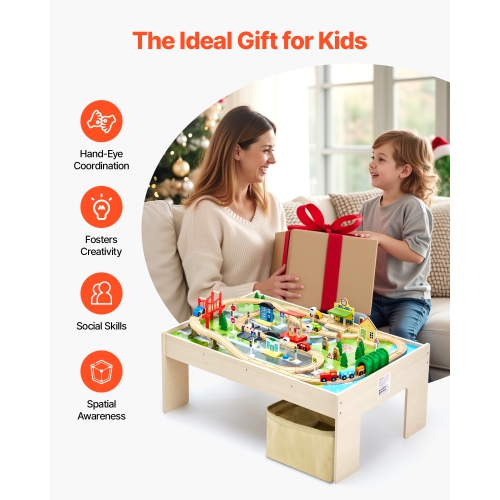 VEVOR 3-in-1 Kids Ages 3+Train Table, 84 Multicolor Pieces Wooden Kids Activity Table with Collapsible Storage Bin,Wooden Train Set for Gaming,