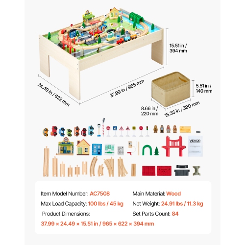 VEVOR 3-in-1 Kids Ages 3+Train Table, 84 Multicolor Pieces Wooden Kids Activity Table with Collapsible Storage Bin,Wooden Train Set for Gaming,