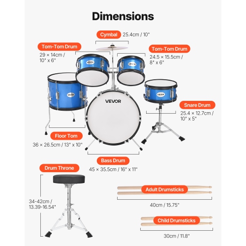 VEVOR Kids Drum Set, 5-Piece 16 in Junior Drum Sets, Beginner Drums Set with Adjustable Throne,Musical Learning Drums Instruments Kit, for Children
