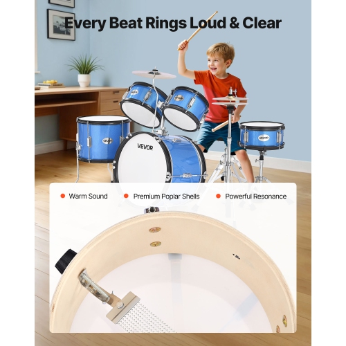 VEVOR Kids Drum Set, 5-Piece 16 in Junior Drum Sets, Beginner Drums Set with Adjustable Throne,Musical Learning Drums Instruments Kit, for Children