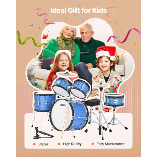 VEVOR Kids Drum Set, 5-Piece 16 in Junior Drum Sets, Beginner Drums Set with Adjustable Throne,Musical Learning Drums Instruments Kit, for Children