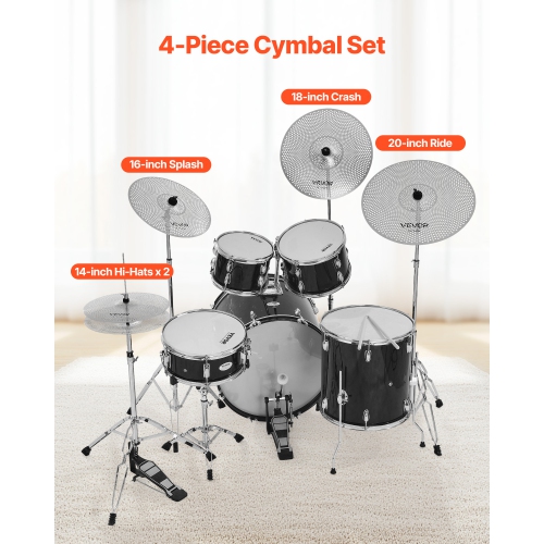 VEVOR Low Volume Cymbal Pack, 4 Pieces Quiet Cymbals for Drum Set, Alloy Cymbals Drum Set Includes 14-inch Hi-Hats, 16-inch Crash, 18-inch Crash,