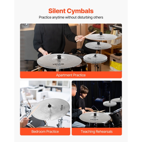 VEVOR Low Volume Cymbal Pack, 4 Pieces Quiet Cymbals for Drum Set, Alloy Cymbals Drum Set Includes 14-inch Hi-Hats, 16-inch Crash, 18-inch Crash,