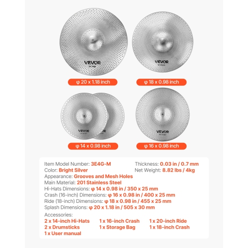 VEVOR Low Volume Cymbal Pack, 4 Pieces Quiet Cymbals for Drum Set, Alloy Cymbals Drum Set Includes 14-inch Hi-Hats, 16-inch Crash, 18-inch Crash,