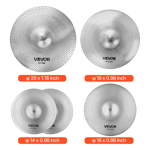 VEVOR Low Volume Cymbal Pack, 4 Pieces Quiet Cymbals for Drum Set, Alloy Cymbals Drum Set Includes 14-inch Hi-Hats, 16-inch Crash, 18-inch Crash,