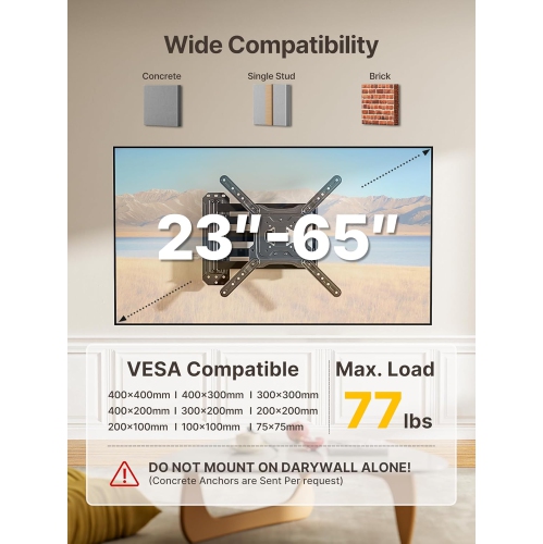 monTEK Long Arm TV Wall Mount for Most 23-65 Inch TVs, 37 Inch Long Extension TV Mount Swivel and Tilt, Full Motion Wall Mount TV Bracket Fit Max