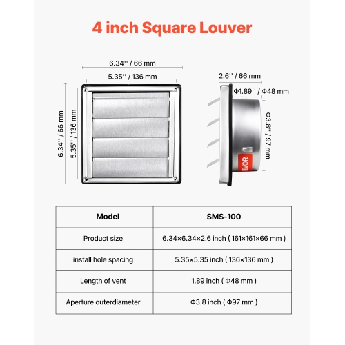 VEVOR 4 inch Wall Vent Cover,(1 Pack, Silver), Louvered Square AC Vent Gable Cover, Premium Stainless Steel & with Noise Reducing Rubber Gasket, for