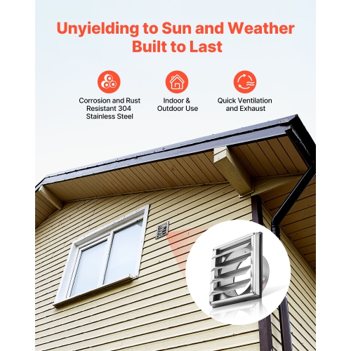 VEVOR 4 inch Wall Vent Cover,(1 Pack, Silver), Louvered Square AC Vent Gable Cover, Premium Stainless Steel & with Noise Reducing Rubber Gasket, for