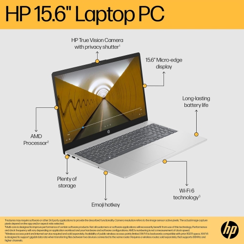 HP 15.6 inch Laptop, AMD Ryzen 3 7320U Processor, 8GB RAM LPDDR5, 256GB SSD, AMD Radeon Graphics, FHD IPS