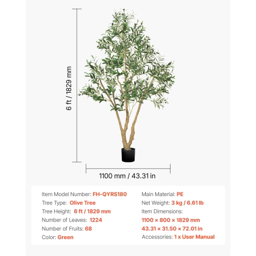 VEVOR 6FT Artificial Olive Tree with Black Pot, Tall Fake Tree with Natural Wood Trunk & Realistic Green Leaves and Fruits, Indoor Faux Plant for