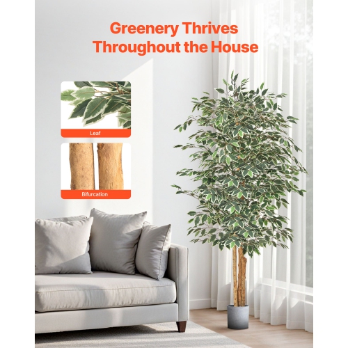 VEVOR 6FT Artificial Ficus Tree with Black Pot, Tall Faux Ficus Plant with Natural Wood Trunk and Realistic Green Leaves, Indoor Fake Silk Tree for