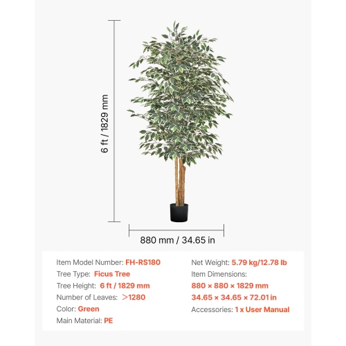 VEVOR 6FT Artificial Ficus Tree with Black Pot, Tall Faux Ficus Plant with Natural Wood Trunk and Realistic Green Leaves, Indoor Fake Silk Tree for