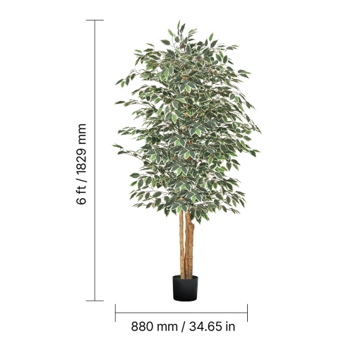 VEVOR 6FT Artificial Ficus Tree with Black Pot, Tall Faux Ficus Plant with Natural Wood Trunk and Realistic Green Leaves, Indoor Fake Silk Tree for