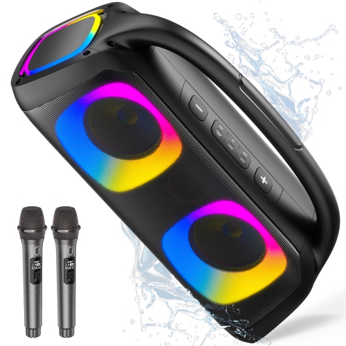FanFun Bluetooth Wireless Speaker, 60W Powerful Sound Party Speaker with RGB Lights, Portable Speaker System with 2 Wireless Mics for Outdoor/