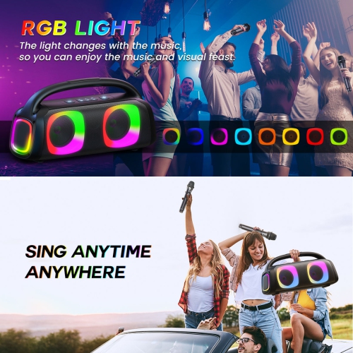 FanFun Bluetooth Wireless Speaker, 60W Powerful Sound Party Speaker with RGB Lights, Portable Speaker System with 2 Wireless Mics for Outdoor/