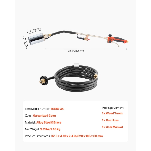 Brûleur à torche au propane à haut rendement VEVOR de 2 400&nbsp;000&nbsp;BTU, avec tuyau 10&nbsp;pi, chalumeau robuste avec flamme réglable et