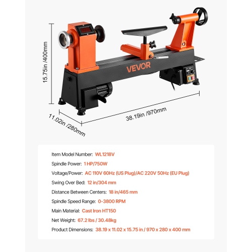 VEVOR 1 HP 12 x 18 in Workbench Woodworking Lathe,Benchtop Wood Lathe Machine with 0 to 3800 RPM Variable Speed,Brushless DC Motor, Cast Iron