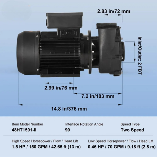 VEVOR 48HT1501-II 2-Speed SPA Pump, 48-Frame, AC 110-120V, 1.5HP/150GPM High Speed or 0.46HP/70GPM Low Speed, 2" Port, UL Tested,black