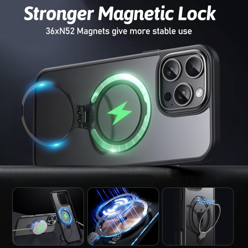 Applicable to iPhone16pro mobile phone case Magsafe double ring magnetic 360 bracket Apple mobile phone case anti-fall - black
