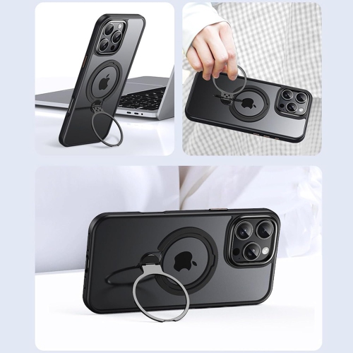 Applicable to iPhone14pro mobile phone case Magsafe double ring magnetic 360 bracket Apple mobile phone case anti-fall - black