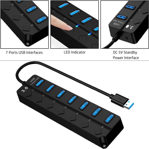 USB hub, portable 7-port USB 3.0 hub with LED single switch and 5 V power connection, USB splitter 3.0 for mouse, USB flash drive, keyboard, mobile