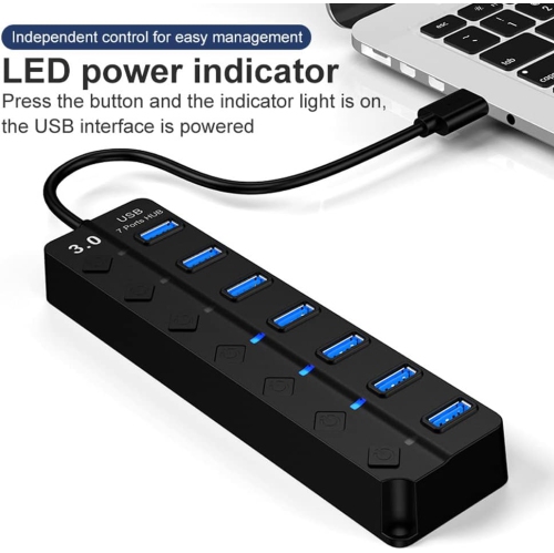 USB hub, portable 7-port USB 3.0 hub with LED single switch and 5 V power connection, USB splitter 3.0 for mouse, USB flash drive, keyboard, mobile
