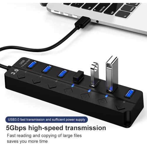 USB hub, portable 7-port USB 3.0 hub with LED single switch and 5 V power connection, USB splitter 3.0 for mouse, USB flash drive, keyboard, mobile