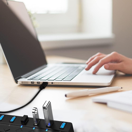 USB hub, portable 7-port USB 3.0 hub with LED single switch and 5 V power connection, USB splitter 3.0 for mouse, USB flash drive, keyboard, mobile